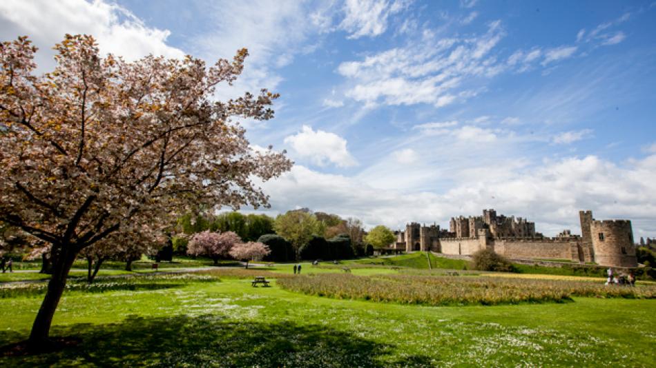 Alnwick Castle Lion Arch entrance as seen from Bowburn Park, Northumberland, England