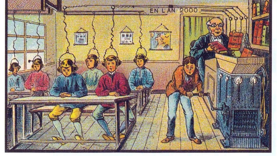 Futuristic classroom scene from 1900s imagining school life in the year 2000 with students wearing helmets connected to machines.