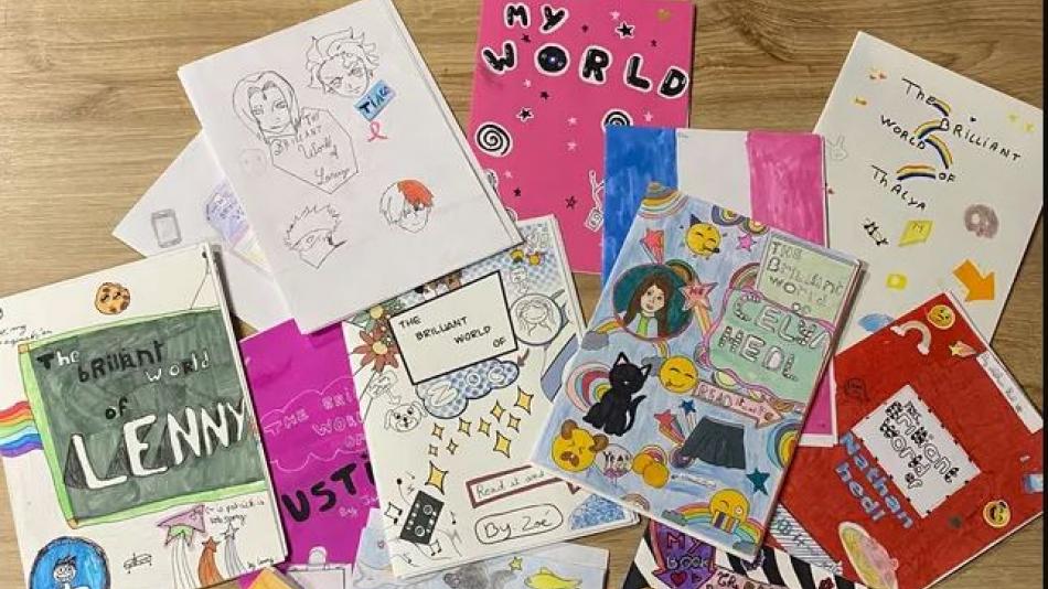 A display of info books made by students