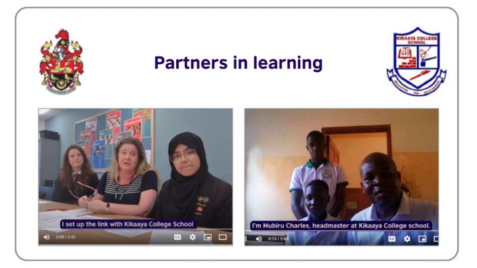 A teacher and two students in UK talk online with a teacher and two students in Uganda
