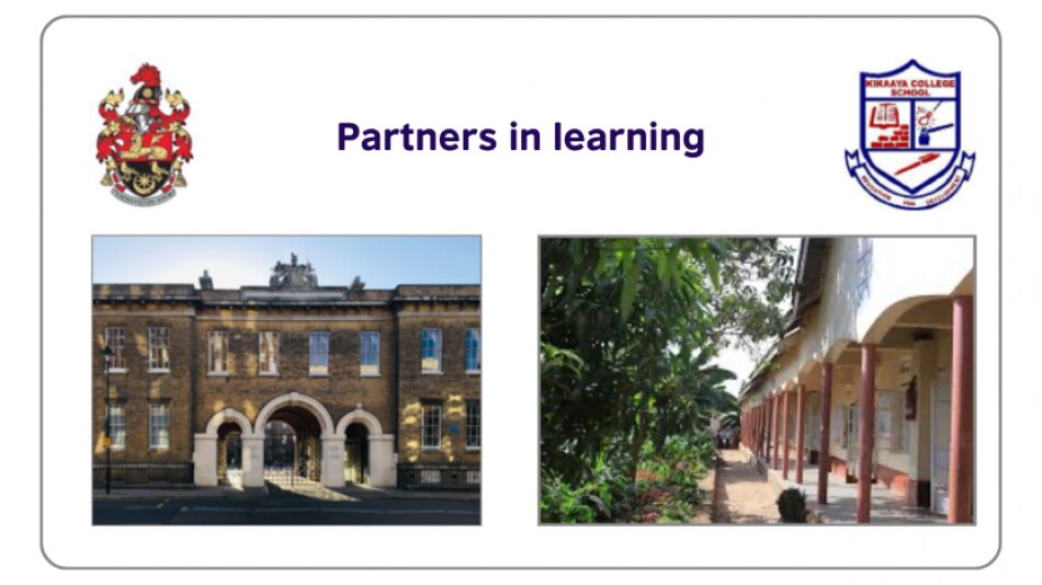 A slide comparing a photo of Portsmouth Grammar school and Kikaaya college school