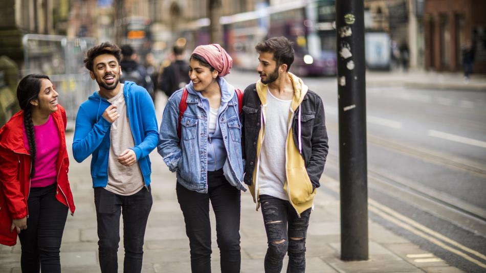 A group of students walking together. 