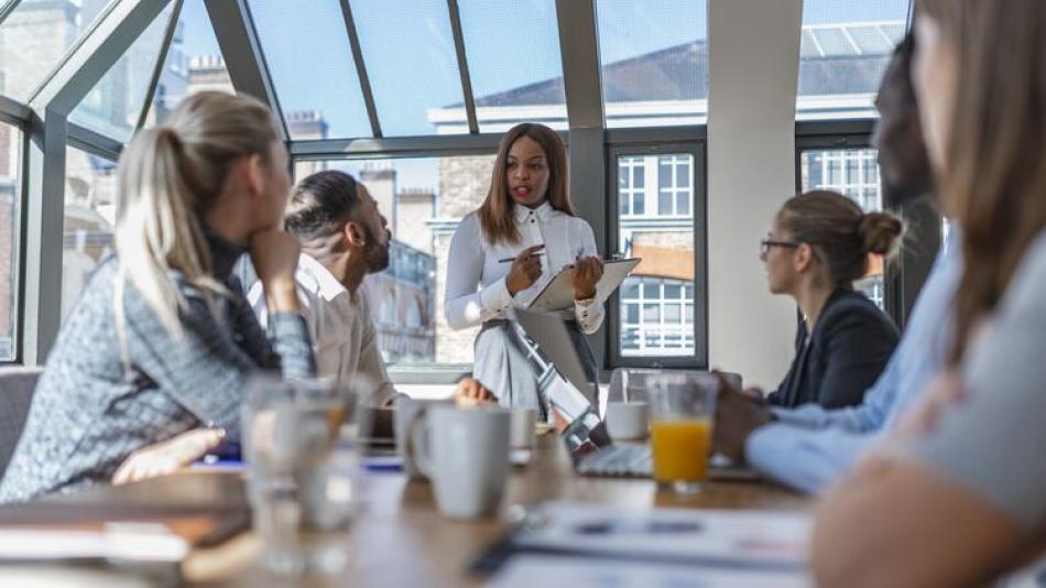 Businessperson giving a presentation to a group.