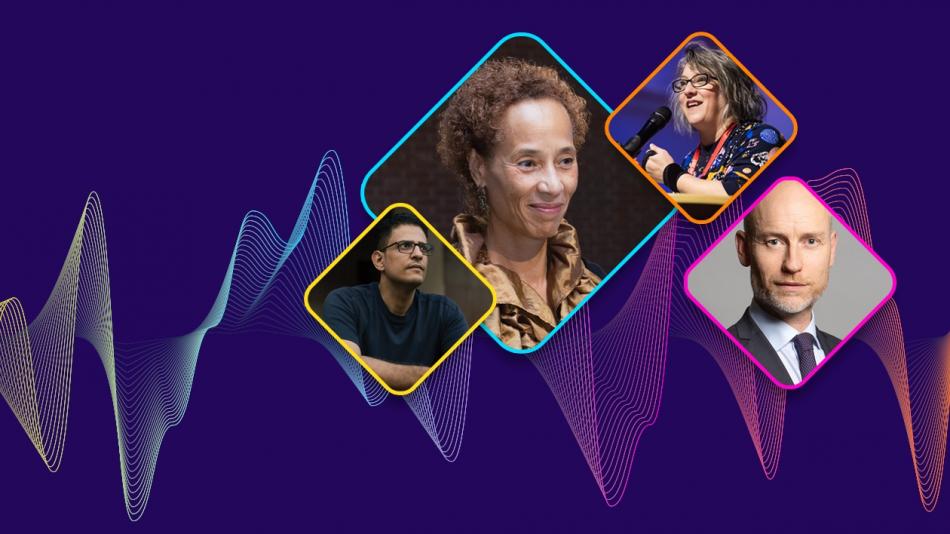 Faces of oral history interviewees in rhombus shapes and audio wave in the background